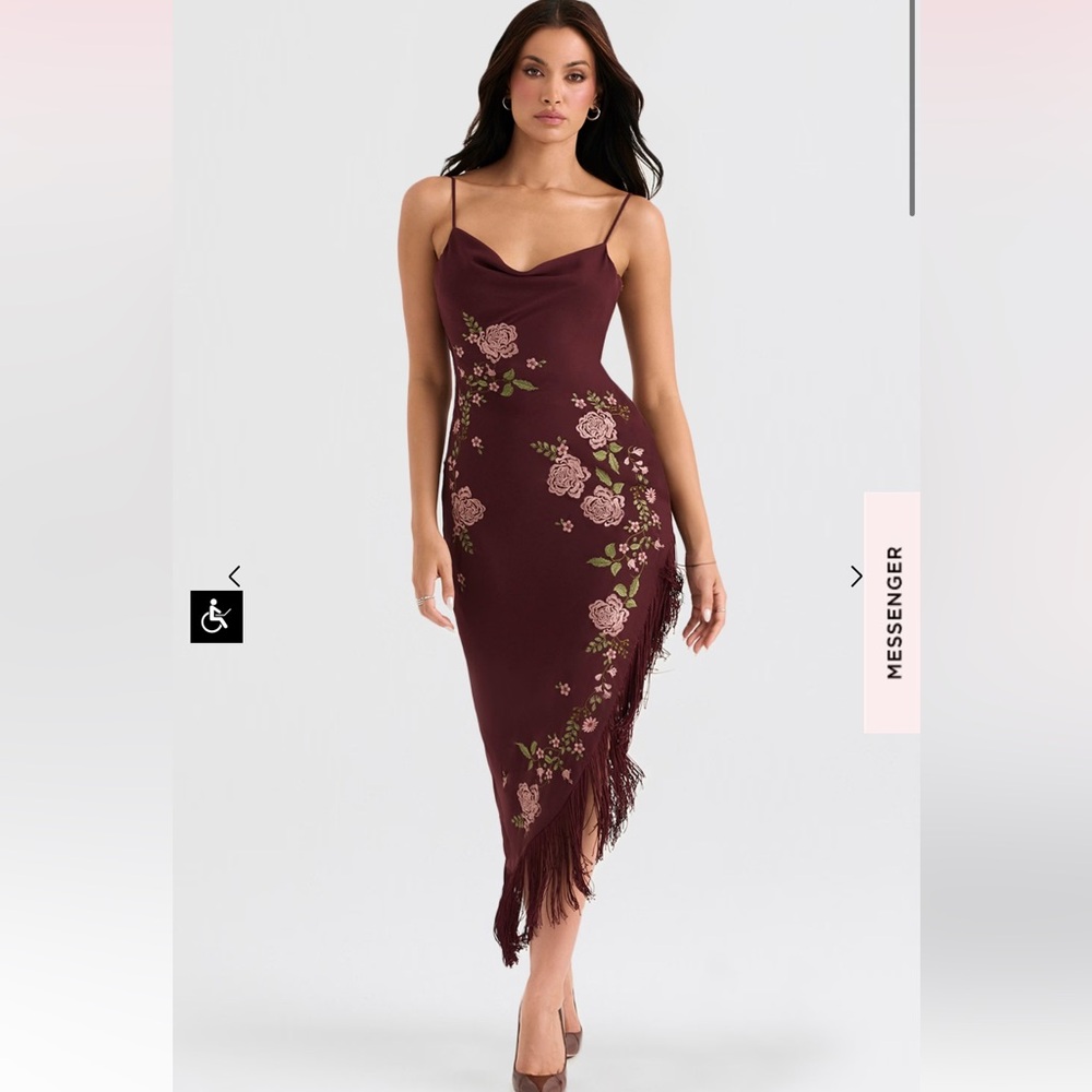 HOUSE OF CB 'Eloisa' Wine Embroidered Midi Dress size L+ - Picture 3 of 16